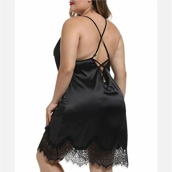 Women Plus Size Satin Chemise Babydoll Lace Trim Lingerie Full Slips Nightgown - Picture 5 of 5